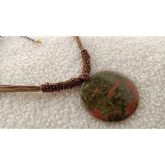 Natural Unakite Jasper Pendant Necklace w Bronze Seed Beads 14-15.5 in - Picture 3 of 7